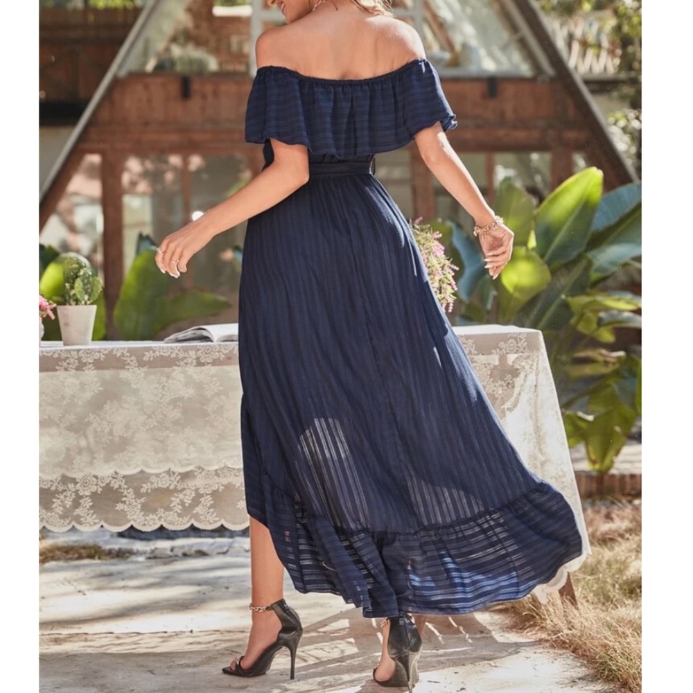 CLEARANCE Navy High Low Off The Shoulder Ruffled Belted Striped Maxi Dress - Picture 3 of 3